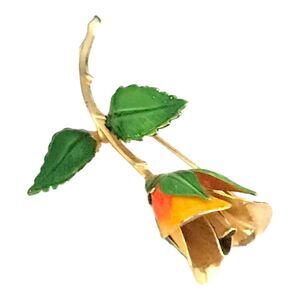 Vintage 1960s Enameled Rose Brooch Gold Tone Floral Pin Statement - 6B